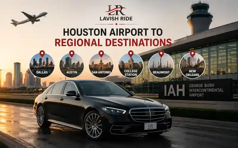 Mercedes-Benz S-Class providing airport transportation from Houston airports to regional Texas destinations, offering luxury, comfort, and seamless long-distance travel.